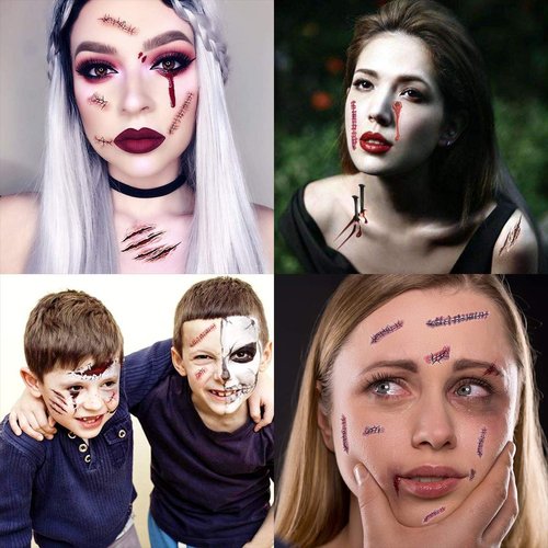 Halloween Temporary Scar Tattoos Sticker, 9 Sheets Realistic Fake Bloody Wound Scab Horror Body Face Decals for Prank Props Costume Makeup Masquerade Cosplay Zombies Party Supplies Decor