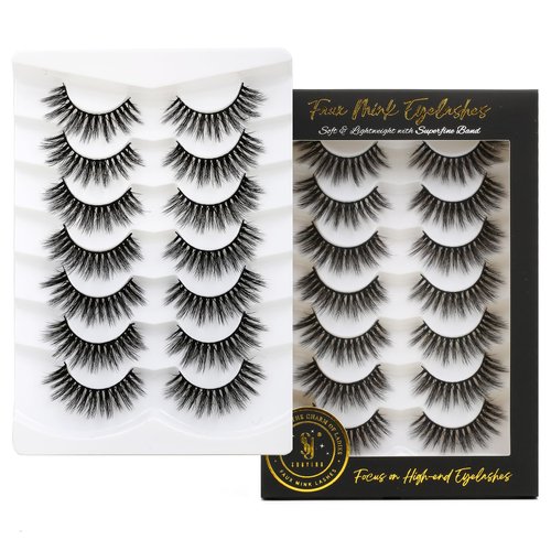 SHUYING False Eyelashes 15mm Faux Mink Lashes with Superfine Band Natural Look Fluffy Eye Lashes Strips Soft Wispy Luxury Volume Fake Eyelash 7 Pairs Pack