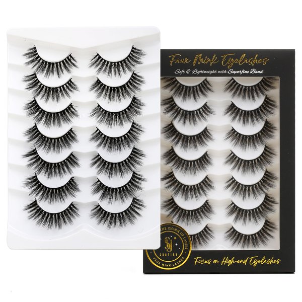 SHUYING False Eyelashes 15mm Faux Mink Lashes with Superfine Band Natural Look Fluffy Eye Lashes Strips Soft Wispy Luxury Volume Fake Eyelash 7 Pairs Pack