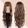 NOSTALGIA Long Brown Wigs with Bangs 26 Inches Curly Wavy Wig for Women Brown Mixed Blonde Highlight Wig Synthetic Wigs for Girls Daily Party Use