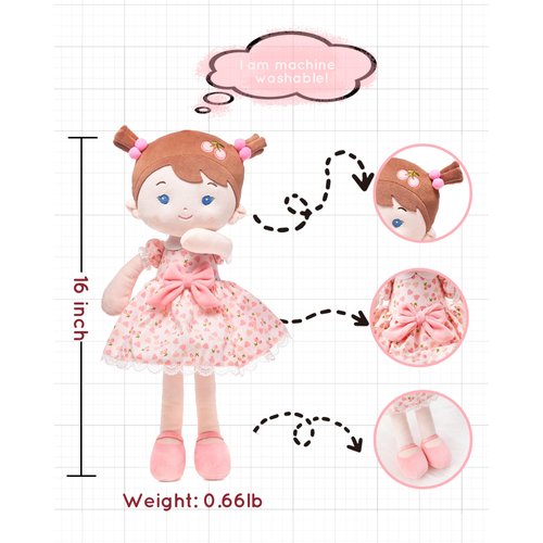 LeyaDoll Soft Baby Doll Toys (16''), My First Baby Rag Doll for 1 Year-Old Girl Birthday Gift,Christmas Plush Toys Gift for Toddler Kids Infants-Cherry