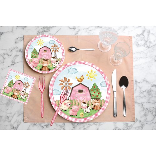 Farm Animals Party Supplies Tableware Set Pink Animal Farm Barnyard Tableware Include Dinner Plates,Napkins, Fork,Cutlery, Farm House Animal Barnyard Theme Party Decorations | Serves 16 (Pink)
