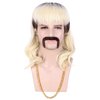karlery 70s 80s Rocker Mullet Wig Long Wave Beige Dark Root Mutsache Wig with 6 Earrings and Golden Necklace Halloween Costume Cosplay Wig