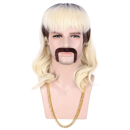 karlery 70s 80s Rocker Mullet Wig Long Wave Beige Dark Root Mutsache Wig with 6 Earrings and Golden Necklace Halloween Costume Cosplay Wig