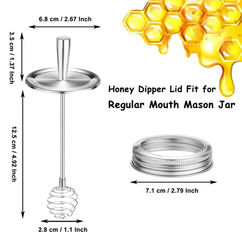 Mason Jar Lid with Honey Dipper, 1 PCS Regular Mouth Canning Lid and Ring for Ball or Kerr Jars, Stainless Steel Honey Stirrers Lid for Honey Pot Container, Honey Dispenser with Honeycomb Cover Band