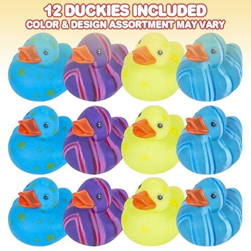 ArtCreativity Multicolored Pattern Rubber Duckies for Kids, Pack of 12 Cute Duck Bath Tub Pool Toys, Fun Carnival Supplies, Birthday Party Favors for Boys and Girls