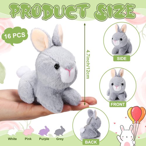 Sratte 16 Pcs Bunny Stuffed Animal 4.7 Inch Mini Bunny Detachable Keychain Bunny Party Favors Valentine Plushies Bulk Mini Easter Bunny Plush Easter Basket Stuffer(Pink, White, Gray, Purple)