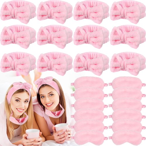 Jexine 24 Pcs Spa Headband Plush Sleep Eye Mask Bulk Bow Hair Band Makeup Headband for Washing Face Sleepover Party Supplies Sleeping Stuff Accessories for Single Party (Pink,Simple Style)