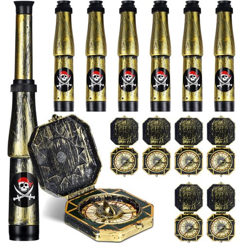 Zubebe 12 Pcs Halloween Pirate Telescope and Compass Pirate Treasure Party Favors Bulk Plastic Captain Telescope Antique Compass Prop Retro Pirate Spyglass for Halloween Birthday Party Supplies