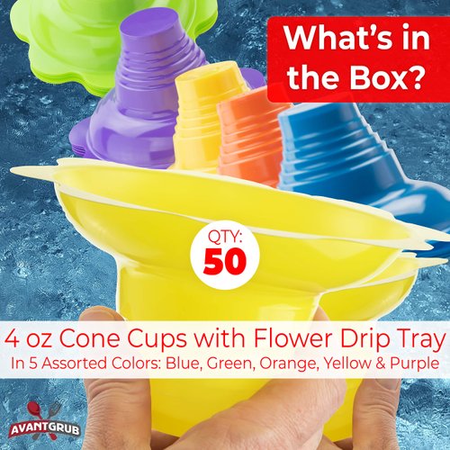 Leak Proof & Drip Catching, Super Cute Reusable 4oz Flower Snow Cone Cups 50 Pk, Colorful Easy Grip Bowls Perfect for Birthday Party, Summer Cookout, Shaved Ice, Snack, Ice Cream, Standalone Design