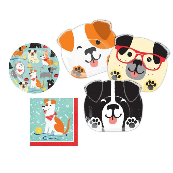 Puppy Dog Themed Party Supplies: Bundle Includes Shaped Dinner Plates, Dessert Plates, and Luncheon Napkins for 8 People