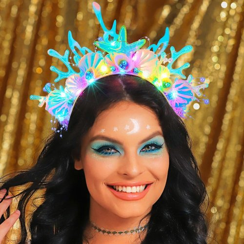 JEAIRTS Light Up Shell Headband Glowing Starfish Hair Band Led Pearl Mermaid Costume Hair Accesso...