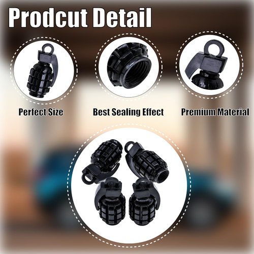 MEAJOO 4 PCS Chrome Grenade Tire Valve Stem Caps, Stainless Steel Tire Valve Caps Wheel Valve Caps for Cars,Trucks, SUV, Motorcycles, Bicycles (Blcak)