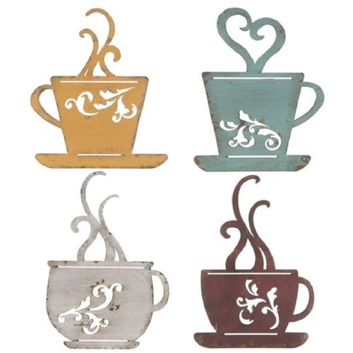CraftyCrocodile Coffee Cup Wall Decor - Metal Cafe-Themed Decorations - Set of 4 Red, Turquoise, Yellow, & White Vintage Mug Art - Decorative Kitchen, Dining Room, Restaurant, Coffee Shop Accessories
