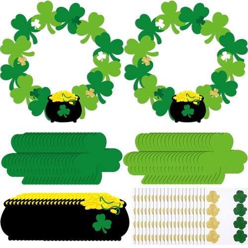 Engrowtic 24 Sets St. Patrick's Day Wreath Crafts Kits Irish Clover Shamrock Wreath Decorating Kit DIY Lucky Shamrock Home Decorations for Kids Classroom Home Activities Fun Party Favors