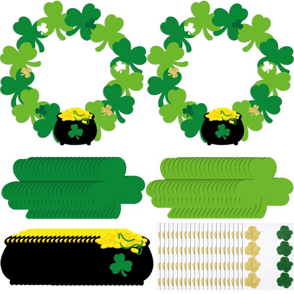 Engrowtic 24 Sets St. Patrick's Day Wreath Crafts Kits Irish Clover Shamrock Wreath Decorating Kit DIY Lucky Shamrock Home Decorations for Kids Classroom Home Activities Fun Party Favors