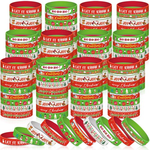 Syhood 200 Pieces Christmas Silicone Bracelets Rubber Wristbands Bulk Merry Christmas Bracelets Gifts for Kids Adult Xmas Party Favors Stocking Stuffers, 10 Style (Red, Green, White)
