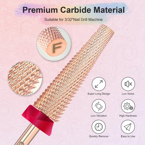 Depvko Super Long 5 in 1 Nail Drill Bits, 3/32'' Carbide Tungsten Bits, Two Way Rotate Professional Advanced Safety Bits for Nail, Fast Remove for Manicure Pedicure Cuticle Gel Polishing(F, Rose Gold)