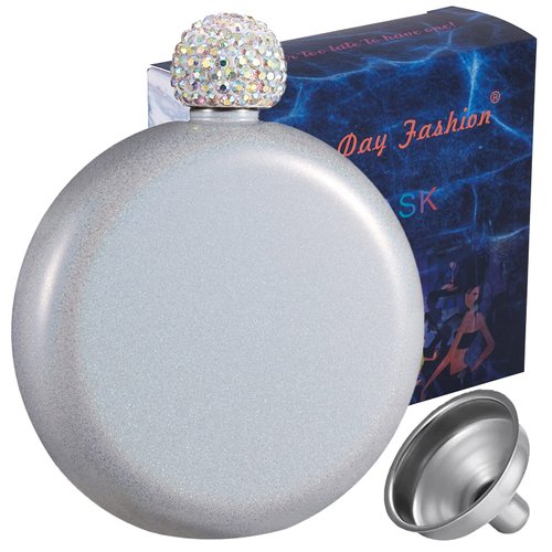 Booze Shot Flask for Women- AB Crystal Lid Creative 304 Stainless Steel Wine Alcohol Liquor Flask for Women Girls Men Party Hand size Hip Flask Glitter coating Whiskey Flasks-5OZ (Glitter White)