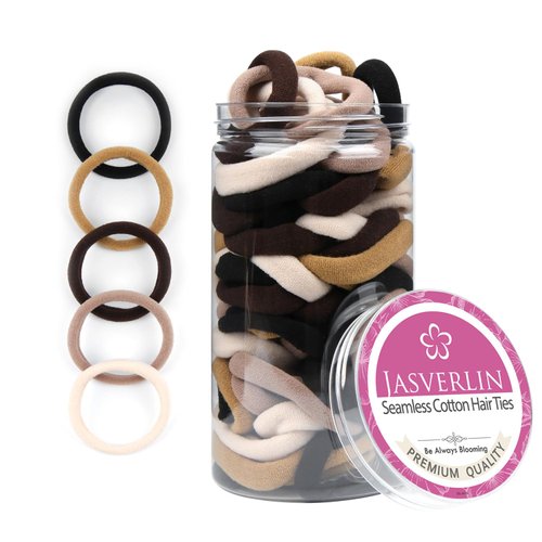 JASVRELIN 100 pcs Seamless Cotton Hair Ties, Thick Hair Elastic Bands Soft No Damage Ponytail Holders for Women Girl 1.5 inch (5 Colors)