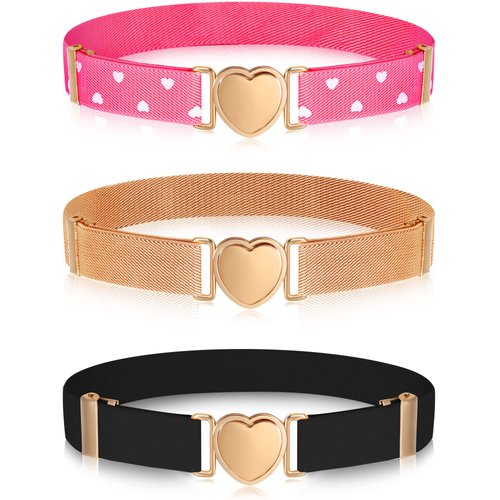 Hamry 3 Pieces Girl Belts Kids Toddler Belt Elastic Stretch Belt Adjustable , Heart Kids Belt for Girls (Rose, Apricot, Black)