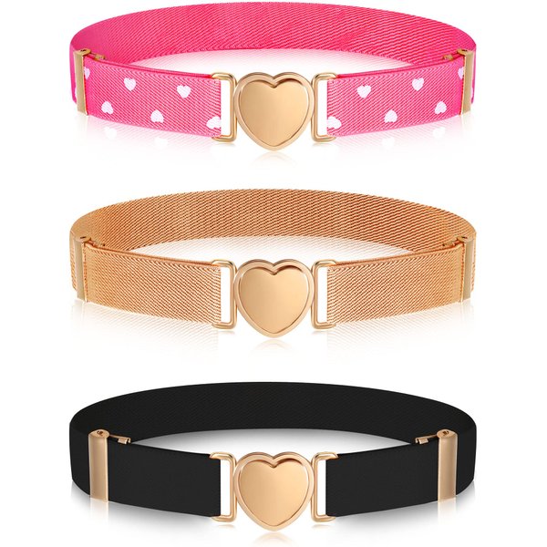 Hamry 3 Pieces Girl Belts Kids Toddler Belt Elastic Stretch Belt Adjustable , Heart Kids Belt for Girls (Rose, Apricot, Black)