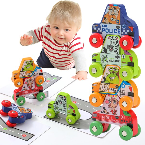 BEKILOLE Toddler Toys for 1 2 3 4 5 6 Year Old Boy and Girl Gifts Wooden Race 4 Wooden Cars with Alphabet Tracing Flash Cards,Set A (4 Cars + Alphabet Flashcards)