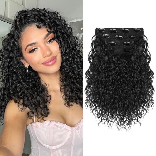 KUIRAN Hair Extensions, Clip in Hair Extensions 4PCS Black Hair Extension 12" Short Curly Hair Extensions Invisible Lace Weft Natural Soft Hairpieces for Women - Black