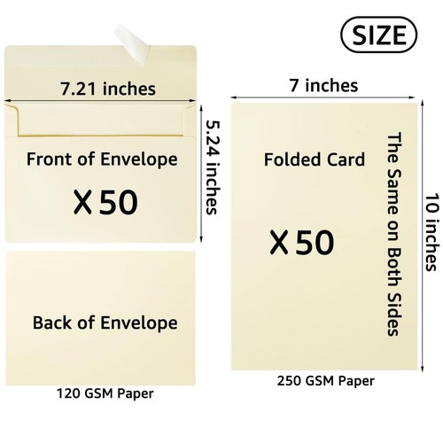Wishop 50 Pack Self-Adhesive Envelopes with Fold Cards for Wedding Invitations, Greeting Cards, Baby Shower, Letter Mailing (Cream Color, 5x7)