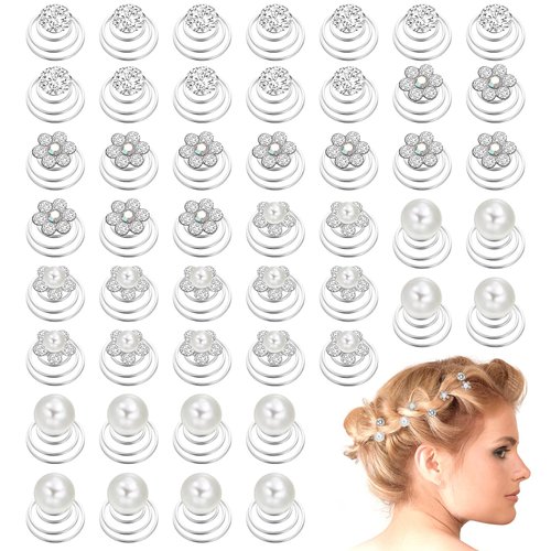 Lusofie 48pcs Hair Pins, Rhinestone Pearl Spiral Hair Clips, Crystal Gems Hair Twisters Set for Women's Wedding Bridal Prom Party
