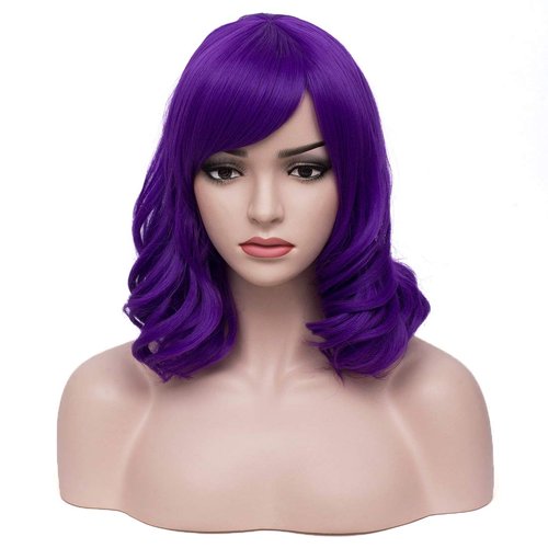 BERON Dark Purple Wig Women's Short Wavy Purple Wig with Bangs Halloween Cosplay Synthetic Wigs (Dark Purple)