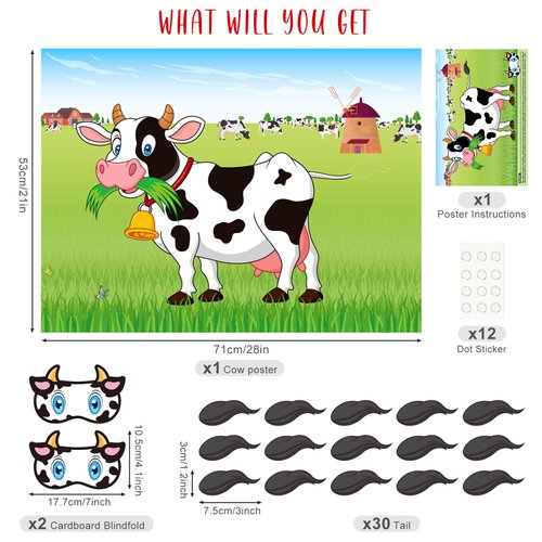 NEBURORA Pin The Tail on The Cow Game with 30 Tails for Forest Farm Birthday Christmas Supplies Pin Game, Boys Girls Woodland Animal Party Decorations Home Wall Decor