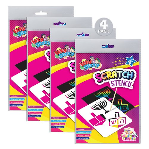 Hanukkah Scratch Stencil Art Kit - 4 Pack - 8" x 6" - Includes Sctatch Stick - Chanukah Arts and Crafts - Gifts and Games - Izzy 'n' Dizzy