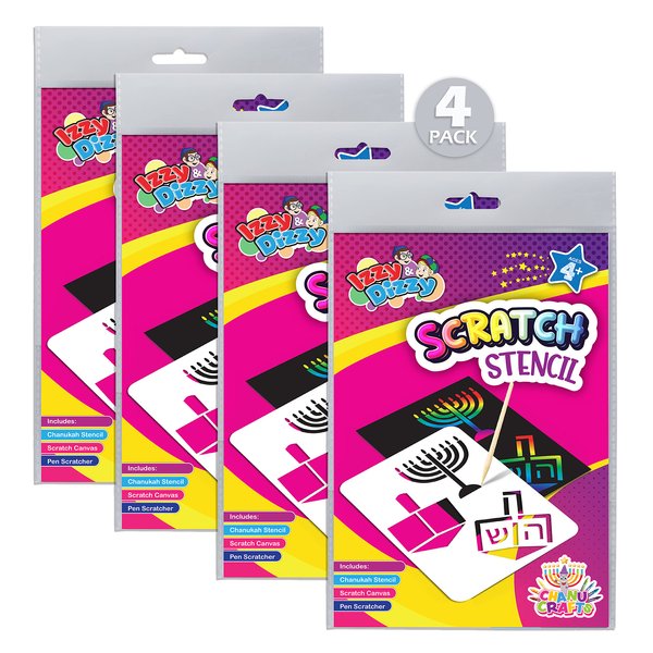 Hanukkah Scratch Stencil Art Kit - 4 Pack - 8" x 6" - Includes Sctatch Stick - Chanukah Arts and Crafts - Gifts and Games - Izzy 'n' Dizzy