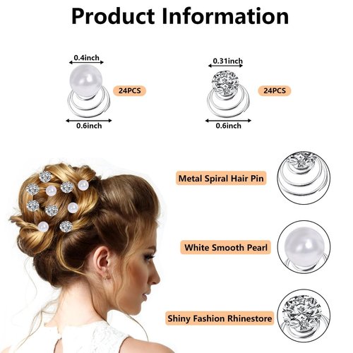 48 Pieces Crystal Pearl Twisters Spiral Set Silver Rhinestone Diamond Hair Pins Gems Coil Pearl Hair Clips for Wedding Prom Party and Special Occasion with Clear Container for Women Girls