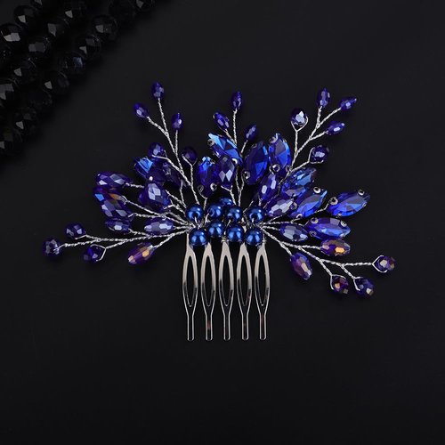 Teyglen Bridal Crystal Hair Comb Blue Rhinestone Pearl Wedding Hair Comb Hair Accessories for Bride Wedding Headpiece Boho Crystal Hair Piece for Women Girls (Blue)