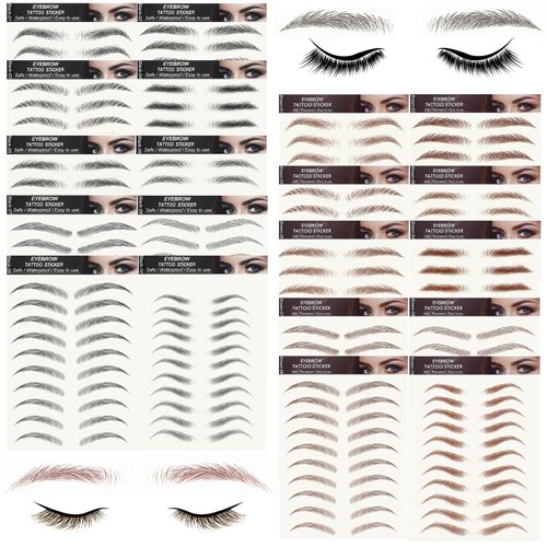 20 Sheets 196 Pairs Eyebrow Tattoo Stickers 4D Stickers Eyebrow Transfers Stickers Peel off Eyebrow Grooming Shaping Makeup Sticker for Women Girls Brown and Black