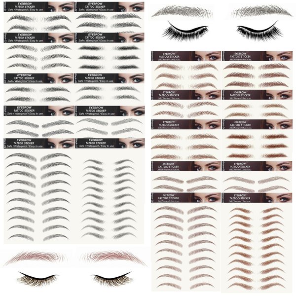 20 Sheets 196 Pairs Eyebrow Tattoo Stickers 4D Stickers Eyebrow Transfers Stickers Peel off Eyebrow Grooming Shaping Makeup Sticker for Women Girls Brown and Black