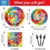 96 PCS 60’s Party Hippie Tableware Set Groovy Hippie Plates Napkins 60s Hippie Themed Party Decorations Peace Love Tie Dye Style Disposable Paper Tableware Birthday Party Suplies Favor For 24 Guests