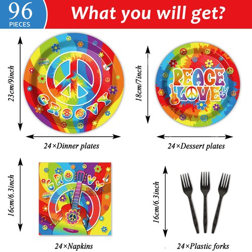 96 PCS 60’s Party Hippie Tableware Set Groovy Hippie Plates Napkins 60s Hippie Themed Party Decorations Peace Love Tie Dye Style Disposable Paper Tableware Birthday Party Suplies Favor For 24 Guests