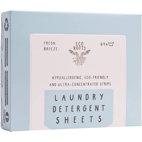 ECO ROOTS Laundry Detergent Sheets 64 loads | ECO FRIENDLY Natural Fresh Breeze Scent Washer Sheet, Liquidless Travel Size Laundry Strips Detergent, Zero Waste Sheets Plastic Free Sustainable Products