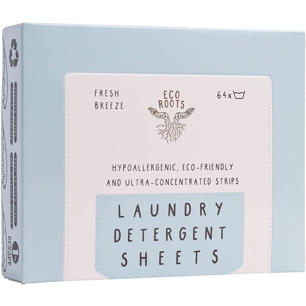 ECO ROOTS Laundry Detergent Sheets 64 loads | ECO FRIENDLY Natural Fresh Breeze Scent Washer Sheet, Liquidless Travel Size Laundry Strips Detergent, Zero Waste Sheets Plastic Free Sustainable Products