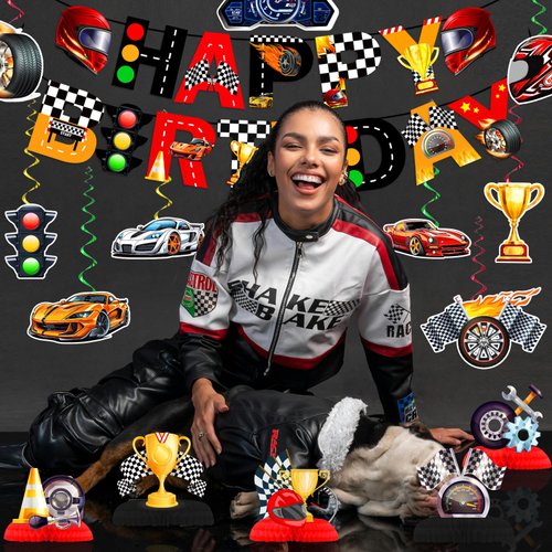 LARRAZABAL Race Car Birthday Party Decorations, Race Car Party Decorations Include Race Car Banner, Race Car Hanging Swirls and Honeycomb Centerpieces, Race Car Birthday Party Supplies