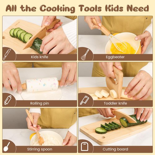 LUOLAO Wooden Kids Safe Knife and Kids Baking Set for Real Cooking, 6 PCS Toddler Montessori Kitchen Tools, Cooking and Baking for Kids Little Chefs