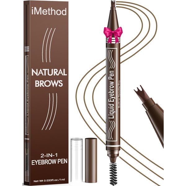 iMethod Microblading Eyebrow Pen - Eyebrow Pencil 2-in-1 Dual-Ended Eye Brow Pencils for Women with 3-Fork-Tip Applicator and Spoolie Brush Create Natural Hair-Like Defined Brows, Last All-Day, Brown