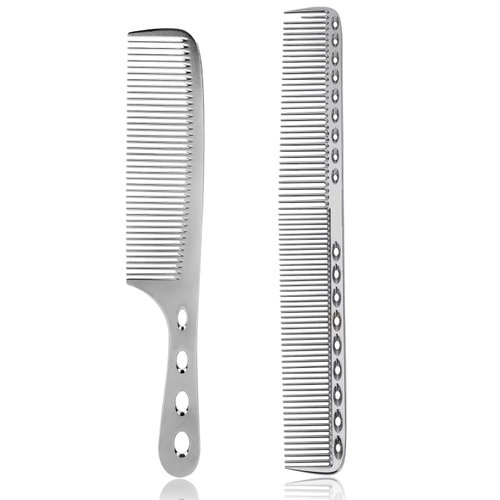 Metal Hair Comb, 2 Pcs Space Aluminum Styling Comb Set Professional Flat Iron Fine Tooth Comb Alloy Metal Hair Cutting Comb Anti-static Hairdressing Comb Parting Comb for Women Men Barber Supplies