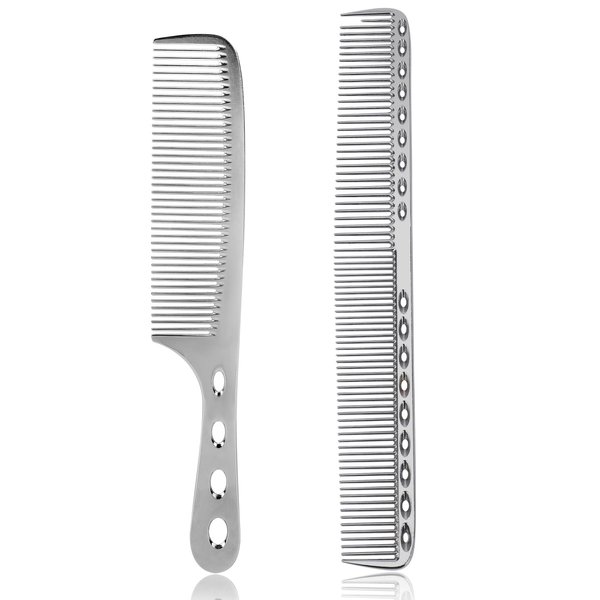 Metal Hair Comb, 2 Pcs Space Aluminum Styling Comb Set Professional Flat Iron Fine Tooth Comb Alloy Metal Hair Cutting Comb Anti-static Hairdressing Comb Parting Comb for Women Men Barber Supplies
