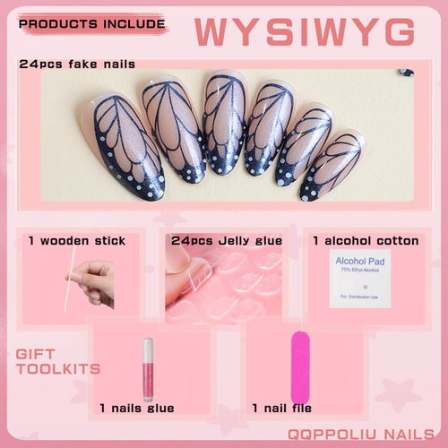 QQPPOLIU Almond Press on Nails Glitter Fake Nails Medium Length Press Ons With Butterfly Designs Glue on Nails for Women 24pcs