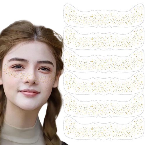 FULANSI Gold Glitter Freckles Face Tattoo,Sparkle Face Makeup Patches Fake Freckles Waterproof Temporary Tattoos Stickers for Women Girls Makeup Accessories Festival Party Face Decor 6pcs