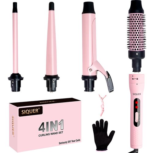 4 in 1 Curling Wand Set - SIQUER Curling Iron Set with Clamp Thermal Brush Beach Waves Wands 1/2 Inch to 1 1/2 Inch Instant Heat Up Hair Curler for Women with Box (Pink)